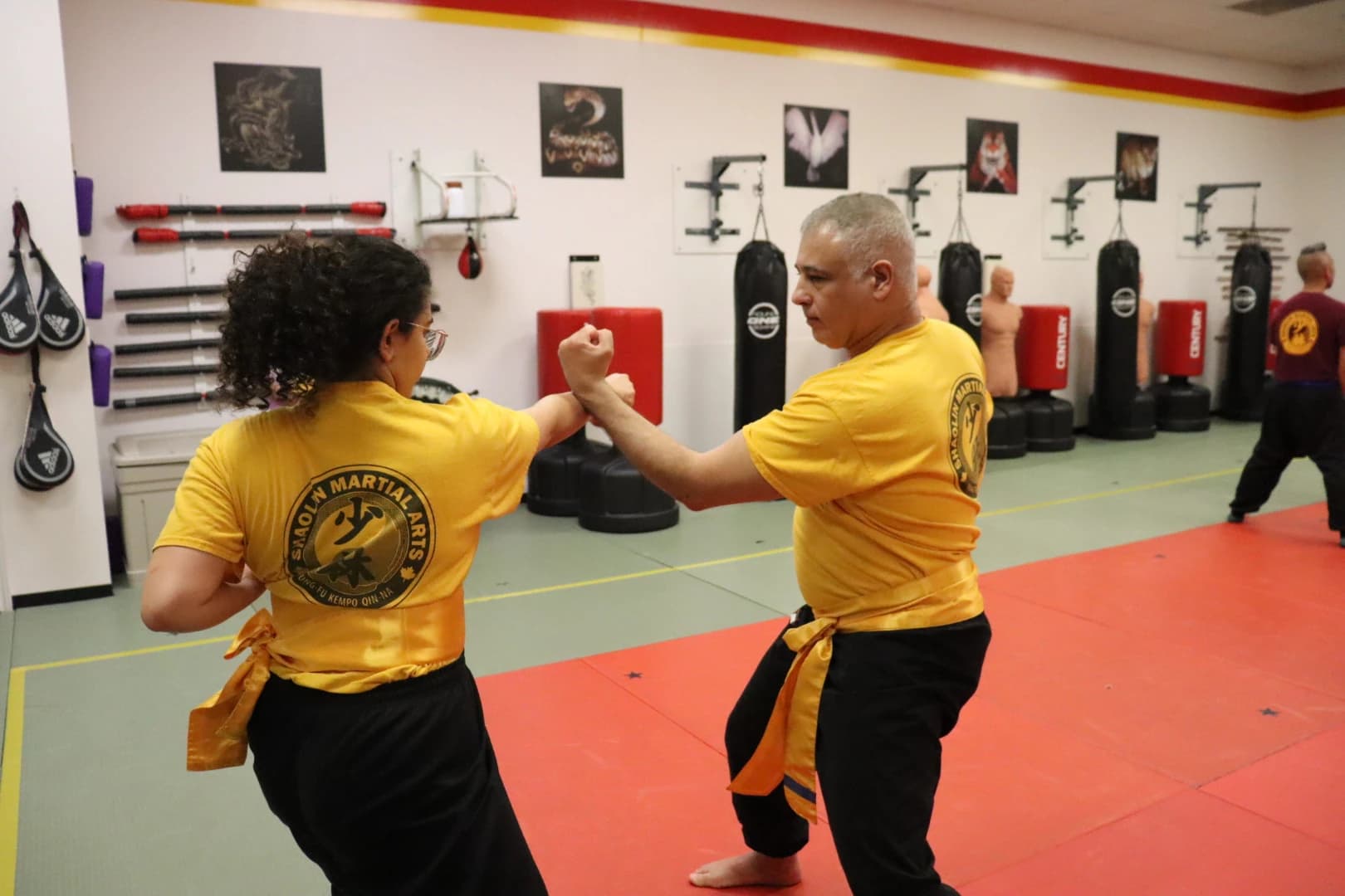 Students practising partner punch drills in class