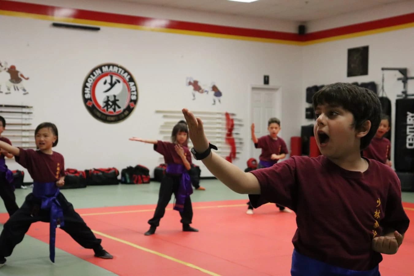 A young student shouting with energy mid-punch during class