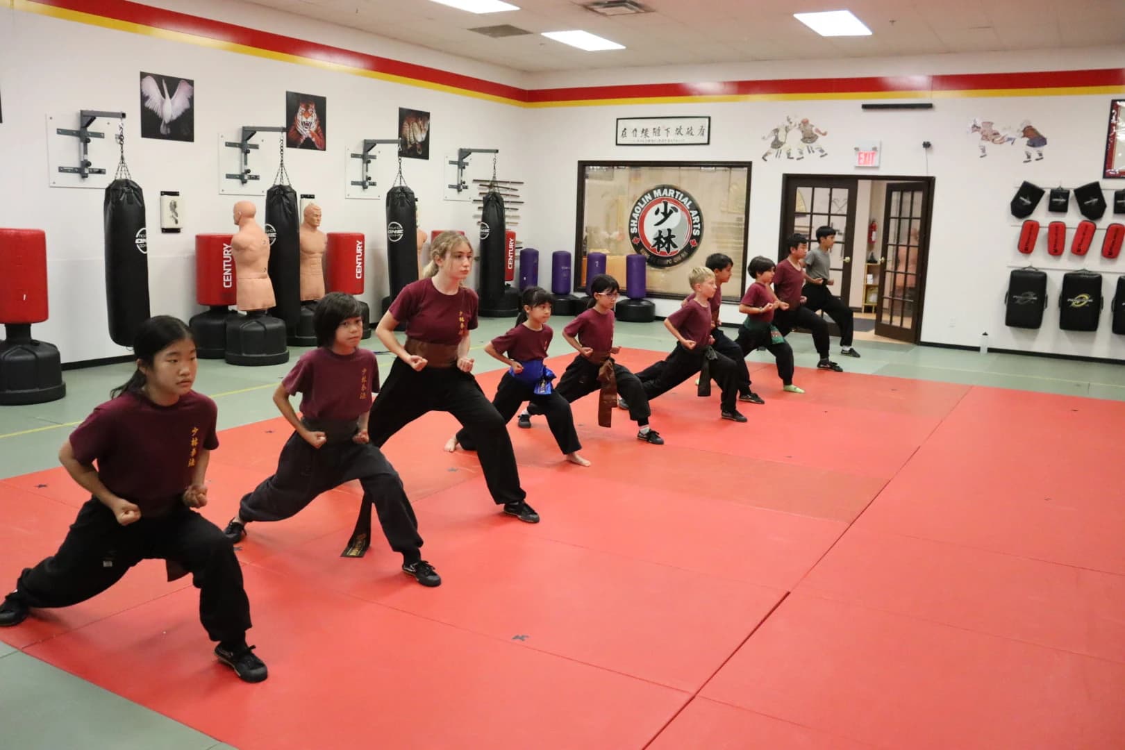 Children lined up in class holding their stances