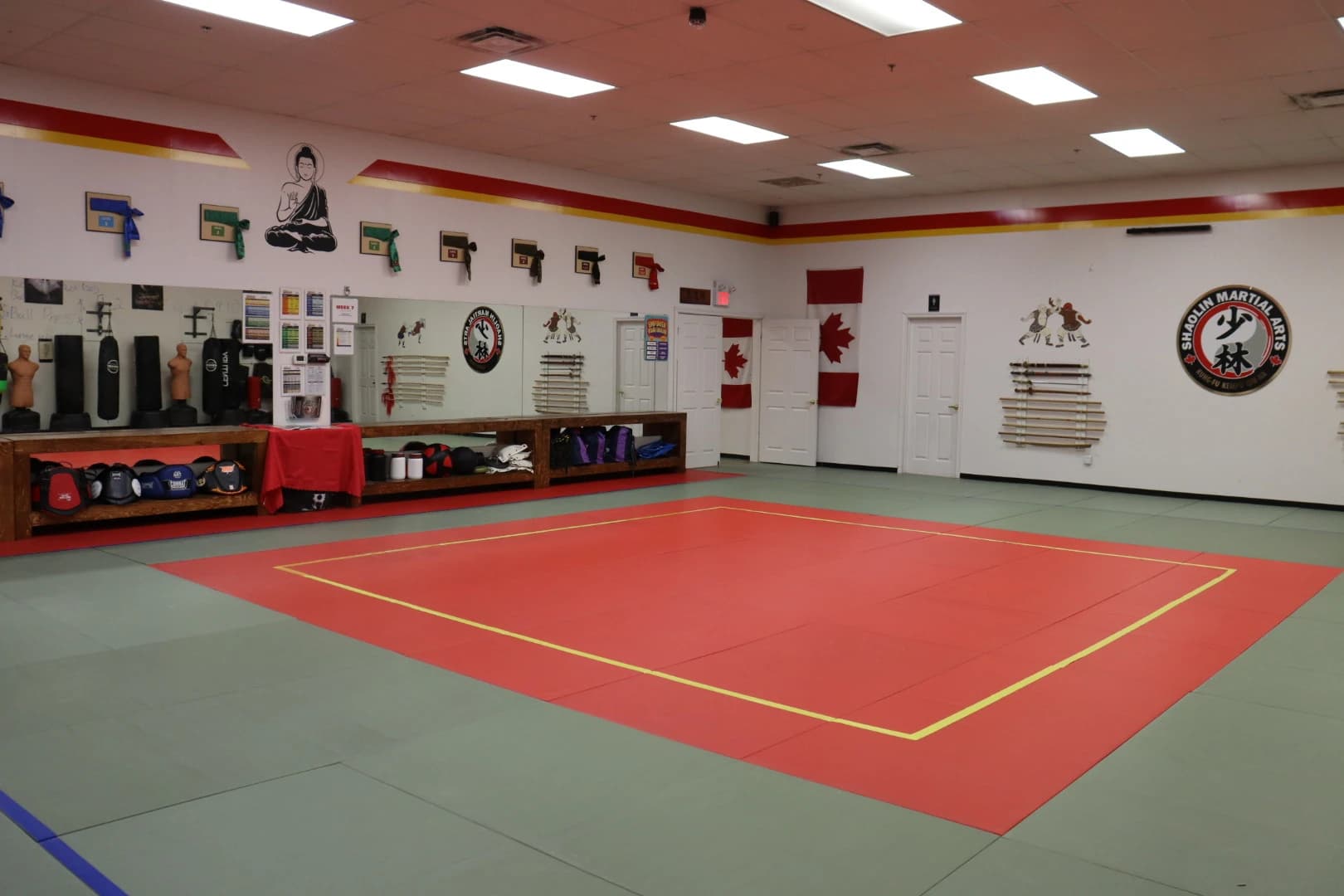 The main training hall with red and green mats