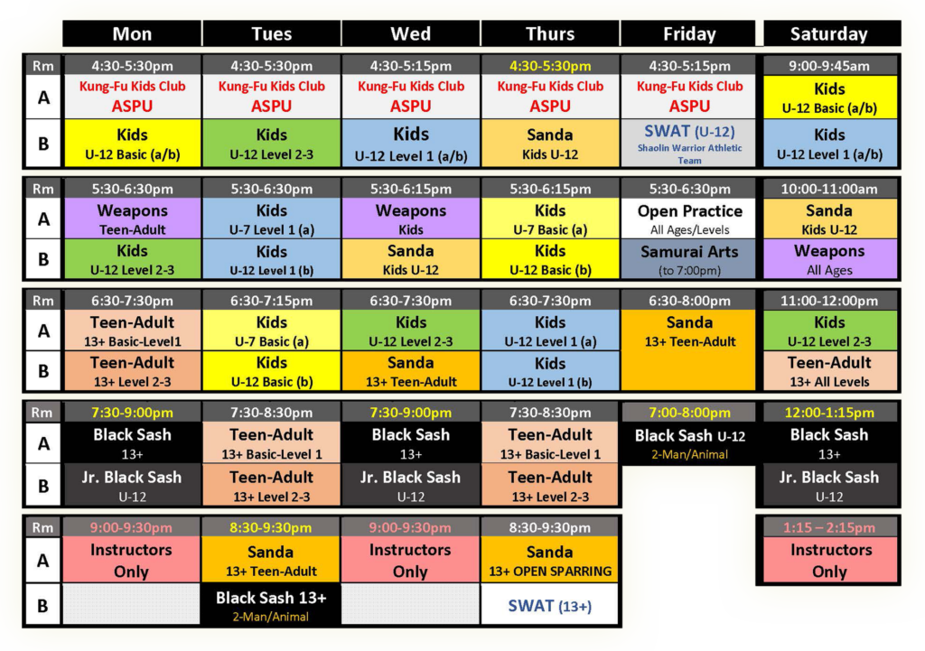 The program schedule at Shaolin Martial Arts Canada